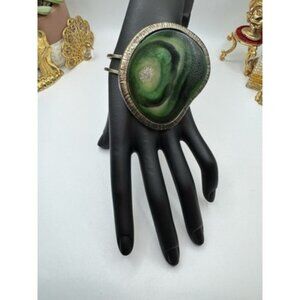 Chunky Bracelet Green Agate Slice Bronze Tone Wire Cuff Bracelet Signed CN